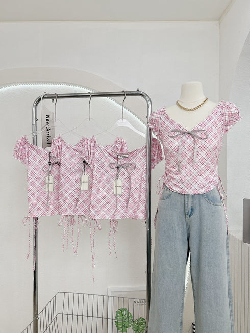 Women V-Neck Side Ruched Tops